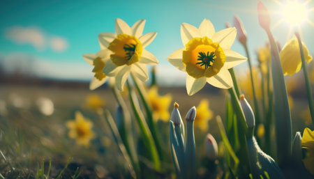 Daffodils in the meadow. Spring flowers. Nature backgroundの素材