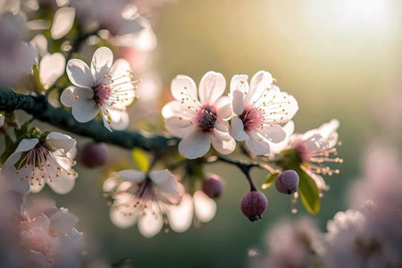 Beautiful blooming branch of cherry tree in spring time. Soft focusの素材