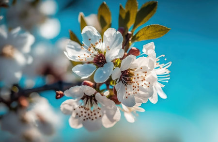 spring flowers on the tree, white flowers on a blue sky backgroundの素材