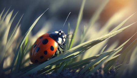 ladybug on green grass, shallow depth of field, soft focusの素材