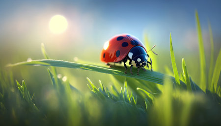 ladybug on green grass with sun in background, macro shotの素材