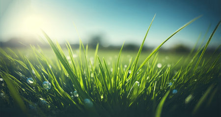 Fresh green grass with dew drops on it. Nature background.の素材