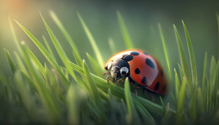Ladybug on green grass, close-up. Ladybug in nature.の素材