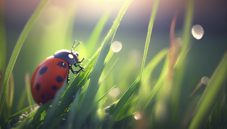 ladybug on green grass with bokeh sun light backgroundの素材