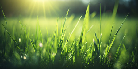Green grass background with sunlight and bokeh. Nature background.の素材