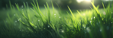 Green grass with dew drops. Nature background. Close-up.の素材