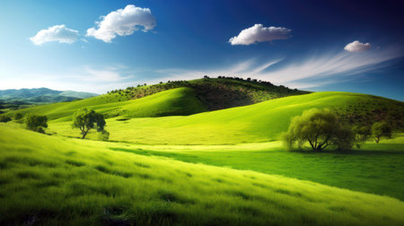 Beautiful spring landscape with green meadow and blue sky with cloudsの素材