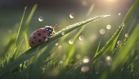 ladybug on green grass with dew drops in morning lightの素材