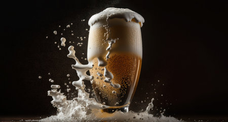 Beer splashing out of a glass with foam on a black backgroundの素材