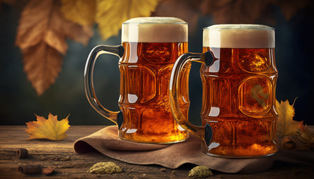 Mugs of beer on a wooden table with autumn leaves, dark backgroundの素材