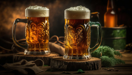 Mug of beer on a wooden table. Beer still life.の素材