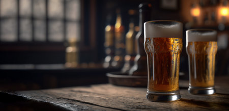 Two glasses of beer on a wooden table in a pub. Selective focus.の素材