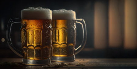 Two mugs of beer on a wooden table on a dark backgroundの素材