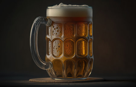 Mug of beer with foam on a dark background. Close upの素材