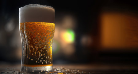 Glass of beer with foam and bubbles on a wooden table in front of the fireplaceの素材