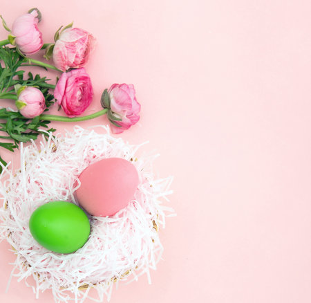Easter eggs nest and Buttercups flower bouquet on pastel pink background, copy space. Happy Easterの写真素材