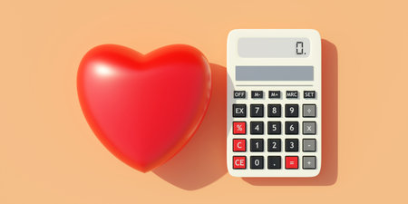Calculator white digital, zero screen and red heart on peach color background. Healthcare and cost, medical care and money concept. 3d renderの写真素材