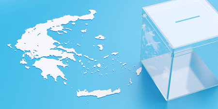 Transparent Ballot box on Greece map made of blue and white color background. Clear Voting box for clear Greek Election result. Above view. 3d renderの写真素材