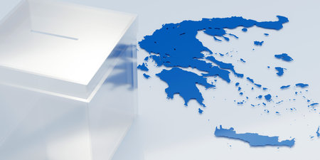 Transparent Ballot box on Greece map made of blue and white color background. Clear Voting box for clear Greek Election result. Above view. 3d renderの写真素材