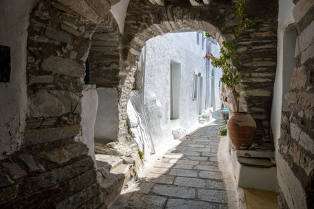 Tinos island Greece. Cycladic architecture at Kardiani village, arched stonewall covers narrow cobblestone alley, whitewashed wall. Verticalの写真素材