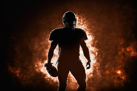 Silhouette of American football player on a dark background with smoke.の素材