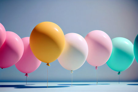 Colorful balloons on a blue background. 3d rendering mock upの素材