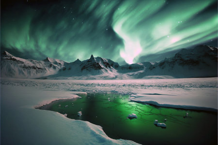 Northern lights in the snowy mountains. Aurora borealis (Aurora borealis)の素材