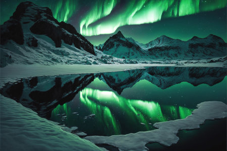Aurora Borealis over snow covered mountains and lake in winterの素材
