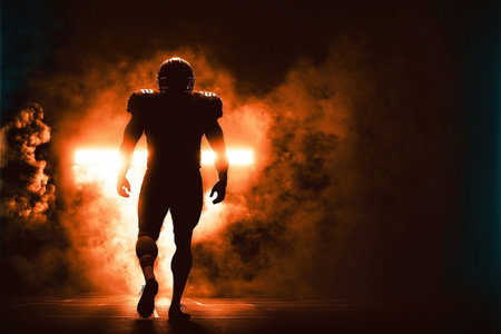 American football player running on a dark background with smoke and lights.の素材