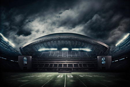 3D render of a large modern football stadium with dark storm cloudsの素材