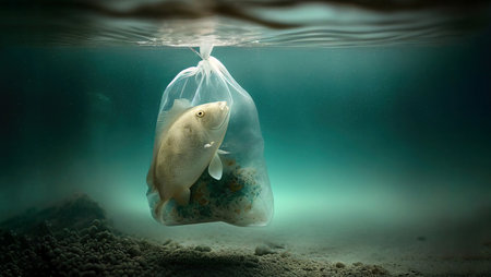 Fish in a plastic bag floating in the water. Concept of environmental pollution.の素材