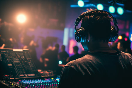 rear view of a disc jockey in headphones at a nightclubの素材