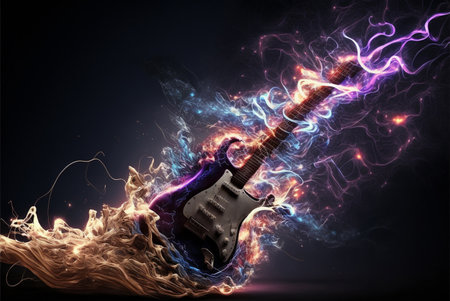 Electric guitar in fire and smoke on dark background. 3d renderingの素材