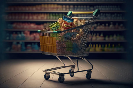 Shopping cart full of food in supermarket. Toned image.の素材