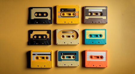Retro audio cassettes on yellow background. Vintage music concept.の素材