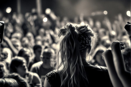 Crowd at concert with hands raised on stage, monochromeの素材