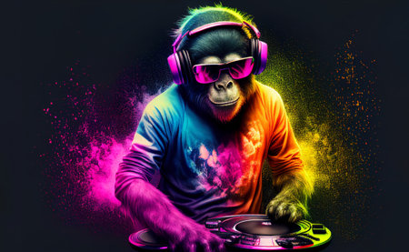 Gorilla DJ mixing music with headphones and mixer on dark backgroundの素材