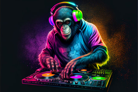 Cool monkey DJ with headphones and vinyl record on a dark background.の素材