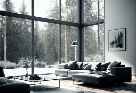 Bright living room interior with a large window overlooking the forest. 3d rendering mock upの素材