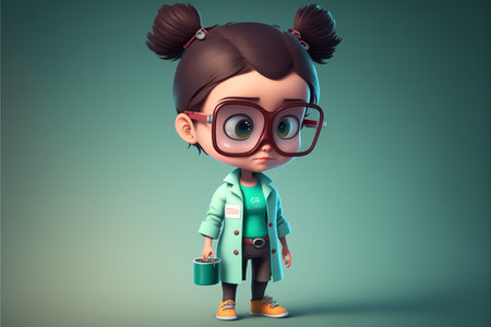 Cute little girl with green coat and glasses, 3d renderingの素材