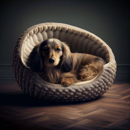 Long-haired dachshund dog in a round chair.の素材