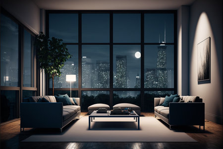 Modern living room interior with furniture and city view. 3D Renderingの素材