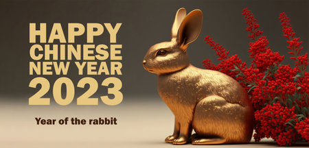Happy Chinese New Year 2023. Golden rabbit with red flowers on a dark background.の素材