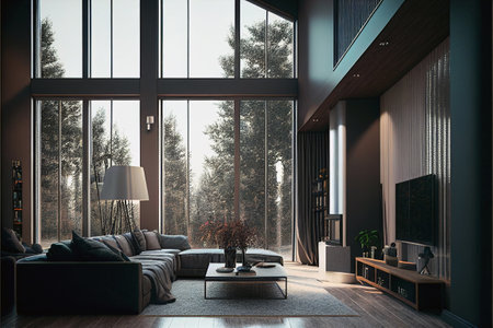 Interior of modern living room with wooden walls, carpet on the floor, comfortable sofa and coffee table. 3d renderingの素材