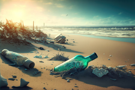 Plastic bottle on the beach. Pollution of environment concept.の素材