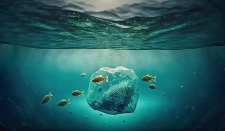 Underwater world concept - plastic bag floating in water. 3D renderingの素材