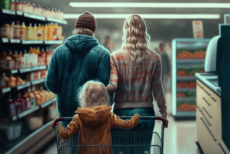 Back view of a mother and her daughter shopping in a grocery store.の素材