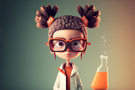 Portrait of a cute little scientist in glasses with a bottle of orange juiceの素材