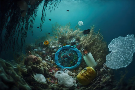Underwater view of a coral reef with lots of plastic garbage.の素材