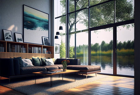 Interior of a modern living room with a large window. 3d renderingの素材